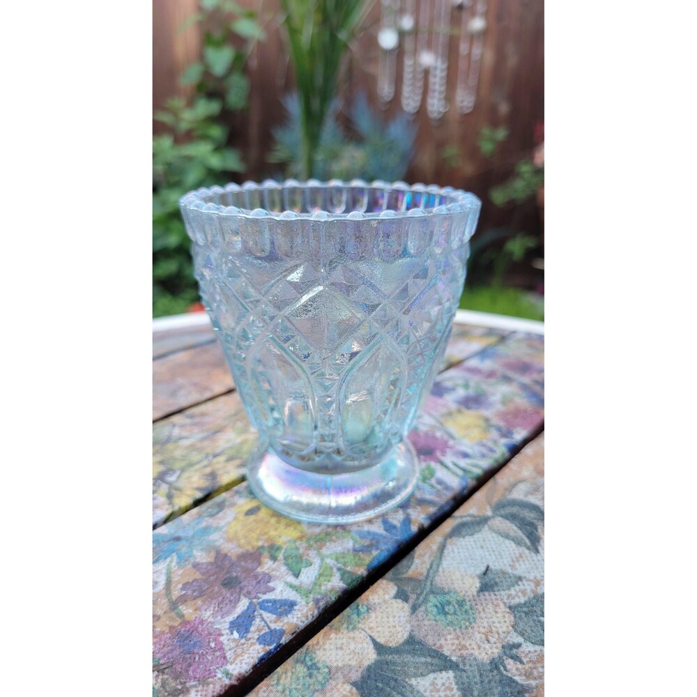 Vintage Imperial Ice Blue Carnival Glass Diamond Panel Toothpick Holder - 1970s